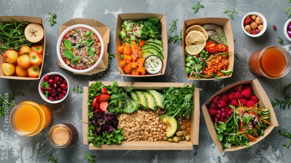 Disposable eco-friendly paper containers with healthy takeout food and beverages on a gray background, viewed from above. The selection includes fresh salad, soup, poke bowl, buddha bowl, fruits, Disposable eco-friendly paper containers with healthy takeout food and beverages on a gray background, viewed from above. The selection includes fresh salad, soup, poke bowl, buddha bowl, fruits,