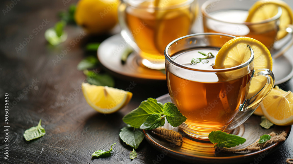 Freshly brewed herbal tea with lemon Freshly brewed herbal tea with lemon