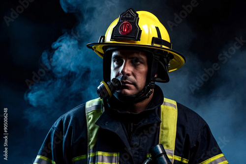 Portrait of confident fireman in firefighter uniform and helmet at dark background with smoke and blue light, looking away. Global earth problematic concept. Gen ai illustration. Copy ad text space