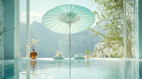 Relaxing woman in a pool at a tropical resort with beach umbrella, sun, and clear sky photo