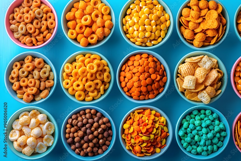 Colorful snacks and cereals in vibrant bowls Colorful snacks and cereals in vibrant bowls