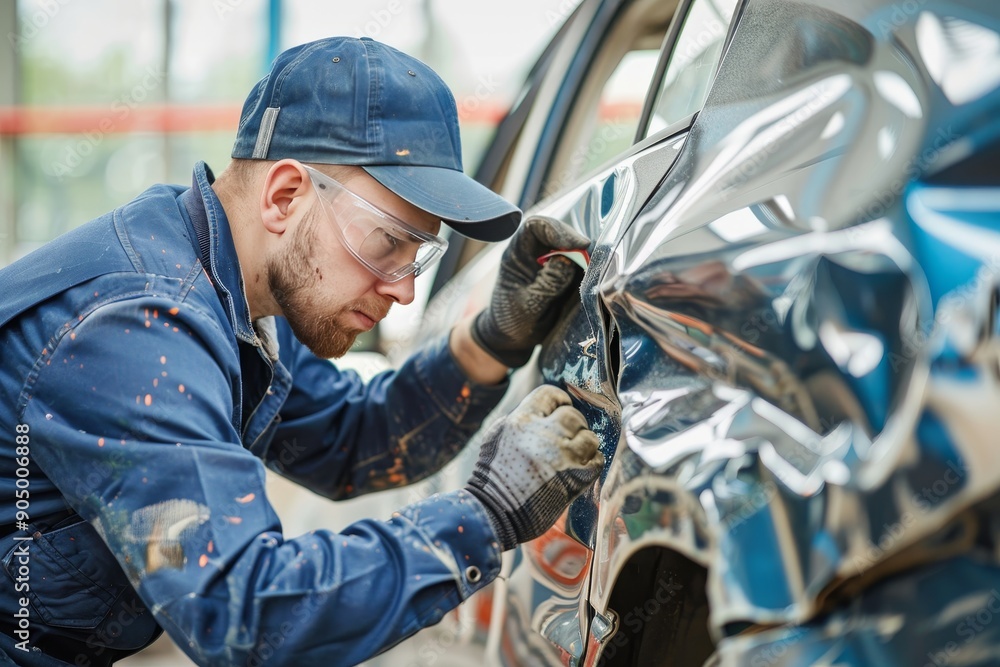 Skilled auto mechanic using spotter tool to repair car body panel after accident in workshop Skilled auto mechanic using spotter tool to repair car body panel after accident in workshop