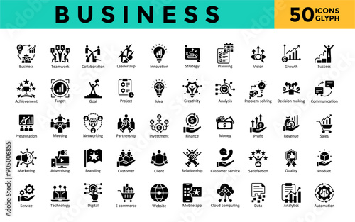 Business icon set with teamwork, collaboration, leadership, innovation, strategy, planning, vision, growth, success icon. Simple glyph vector 
