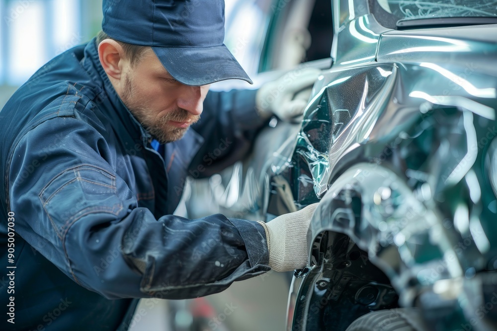 Fototapeta premium Expert auto mechanic using spotter tool to repair car body panel after accident in shop