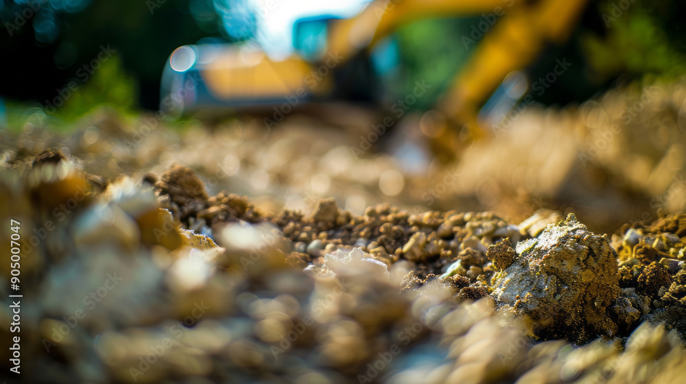 Naklejka premium A close-up of an excavator in the background digging into dirt at a construction site, with a bokeh effect and shallow depth of field.