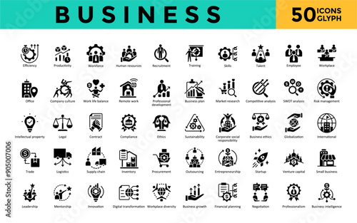 Business icon set with efficiency, productivity, workforce, human resources, recruitment, training, skills, talent, employee, workplace icon. Simple glyph vector 
