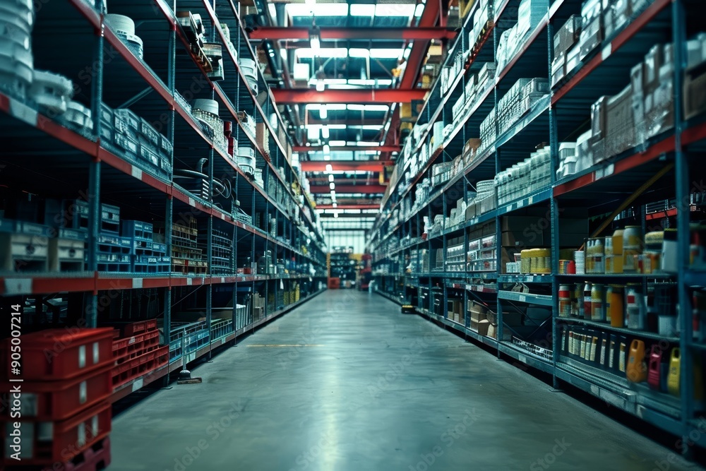 Efficiently arranged auto parts inventory in a vast warehouse with orderly rows of shelves Efficiently arranged auto parts inventory in a vast warehouse with orderly rows of shelves