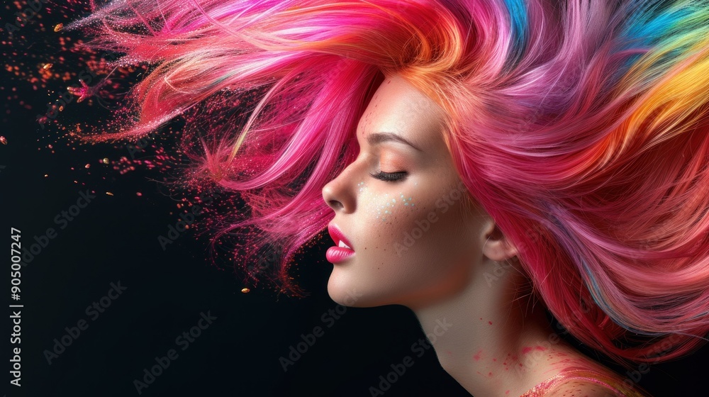 Emotion pink bob short hairstyle woman lips makeup on a black background Emotion pink bob short hairstyle woman lips makeup on a black background