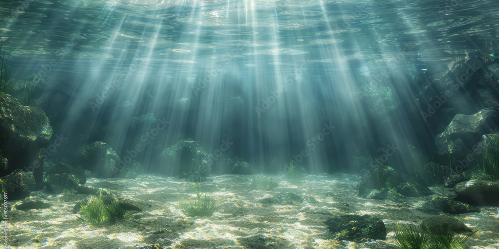 Fototapeta premium Underwater background with sunlight shining through the water surface, creating a tranquil and beautiful atmosphere.