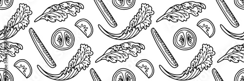 Chopped ingredients for vegetable salad. Cucumber, tomato, lettuce and radish doodle pattern. Harvest vegetable background. Organic vitamin ingredients for cooking food. Vector outline illustration.