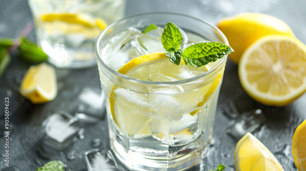 Glass of lemonade with ice and a mint garnish Glass of lemonade with ice and a mint garnish