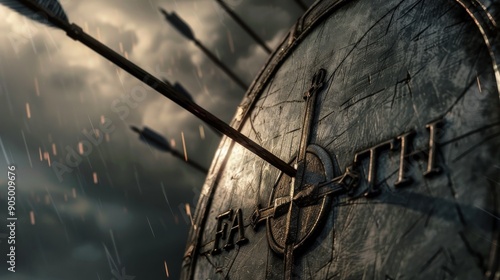 Close-up of a shield pierced by arrows, with a stormy sky and rain in the background, depicting intense battlefield action.
