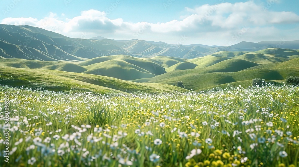 Serene Meadow in the California Hills: A breathtaking panorama of rolling green hills dotted with wildflowers, bathed in the golden light of a sunny day. The clouds add a touch of drama to the scene, Serene Meadow in the California Hills: A breathtaking panorama of rolling green hills dotted with wildflowers, bathed in the golden light of a sunny day. The clouds add a touch of drama to the scene,