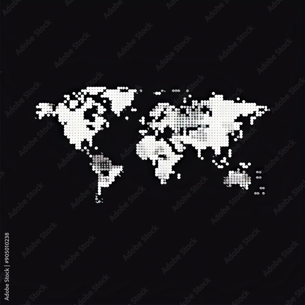 A black and white world map on a black background A black and white world map on a black background