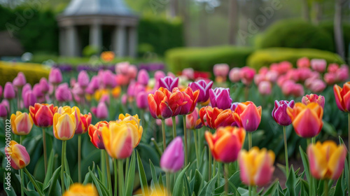 Vibrant Tulips in a Classic European Garden photo