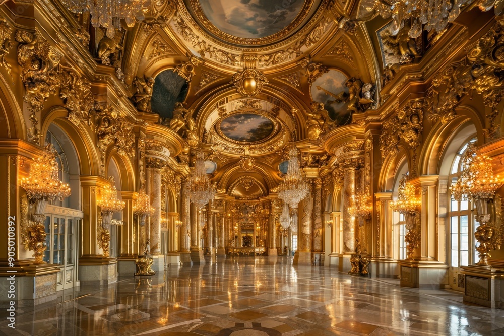 Fototapeta premium Ornate hall with mirrored walls and golden accents at the Palace of Versailles, Golden accents and ornate decorations in a regal ballroom