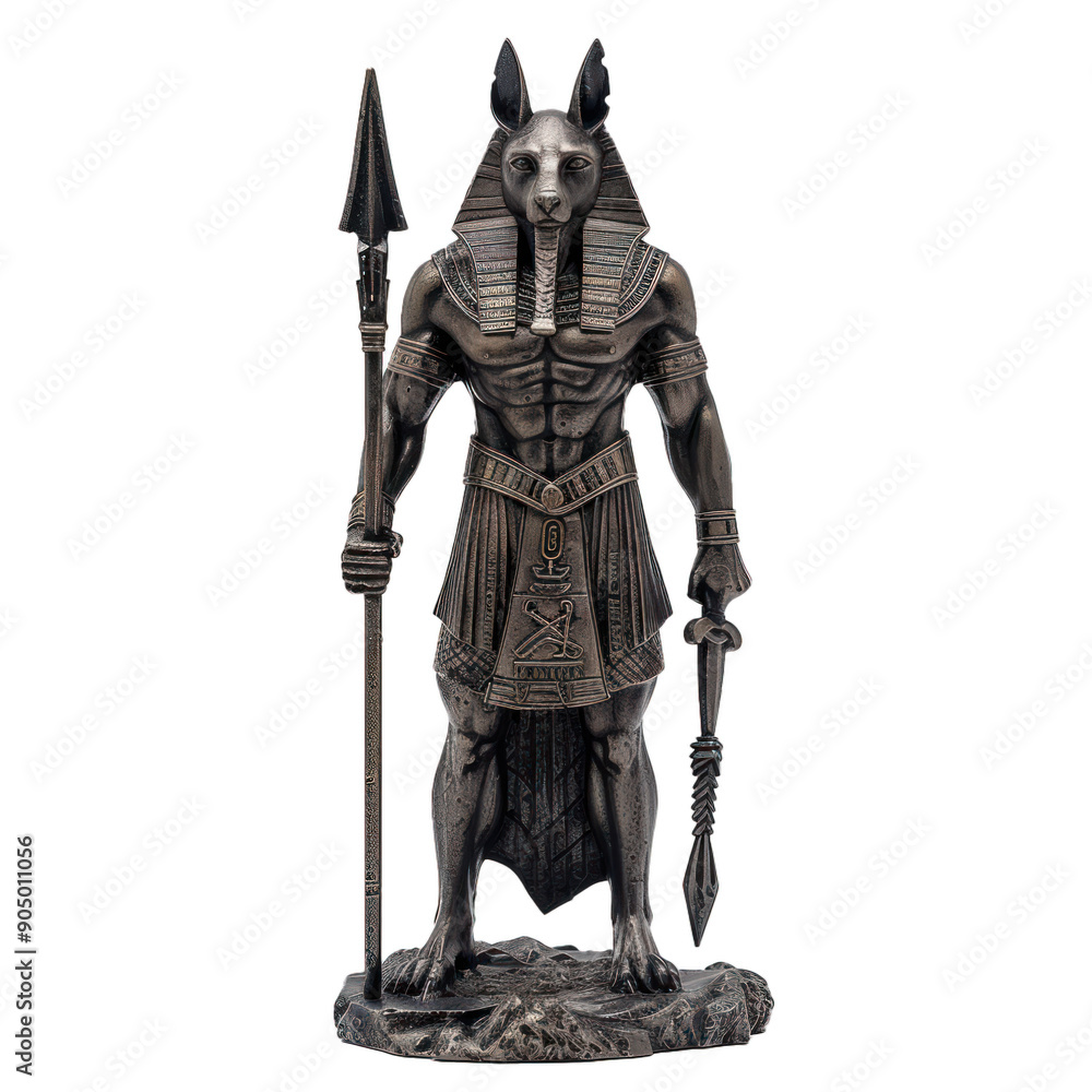 Fototapeta premium Bronze colored statue of anubis, egyptian god of death, holding a spear and a crook