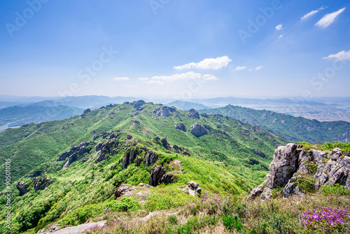 High angle and spring view of peak and cliff on the ridge of Wolchulsan National Park against blue sky near Yeongam-gun, South Korea
 photo