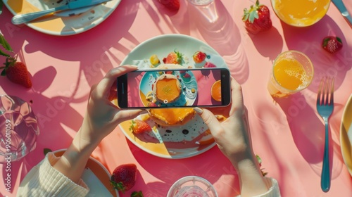 Overhead top view of a person taking a photo of their food with a phone for social media photo