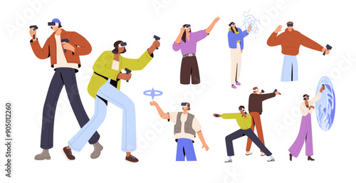 Augmented or virtual reality set. People in VR glasses play games in simulation. Friends has fun with AR controllers. Interactive entertainment technology. Flat isolated vector illustrations on white