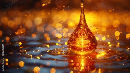 A Golden Drop of Honey Falls Into Water Creating Ripple Effects at Sunset