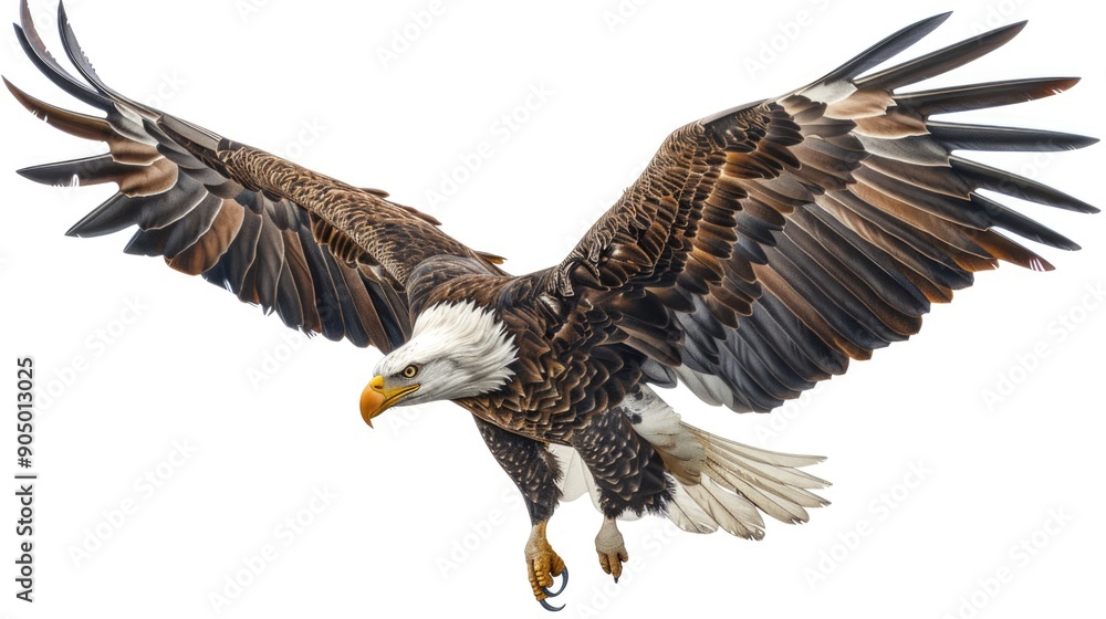 Obraz premium Wildlife image of a bald eagle soaring through the sky with its wings outstretched