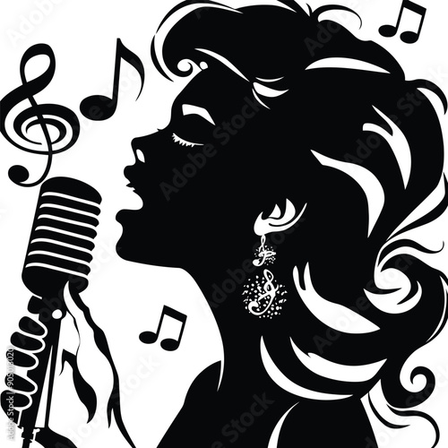 Silhouette Illustration of a Girl Singing with a Retro Microphone, Vintage Style Performance Art