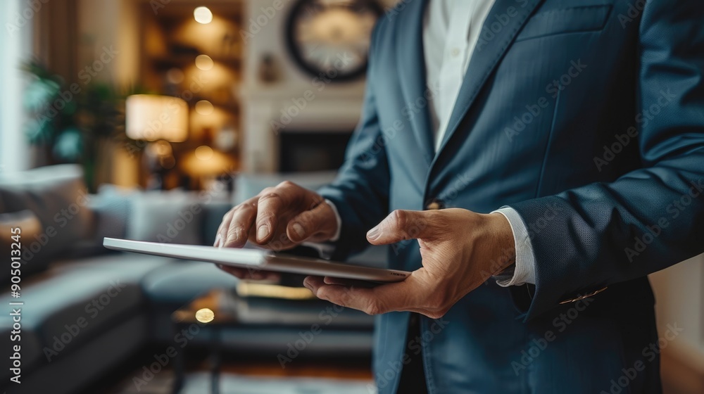 A businessman in a tailored suit uses a tablet in an elegant, well-decorated living room, emphasizing professionalism, technology, and a luxurious home setting. A businessman in a tailored suit uses a tablet in an elegant, well-decorated living room, emphasizing professionalism, technology, and a luxurious home setting.