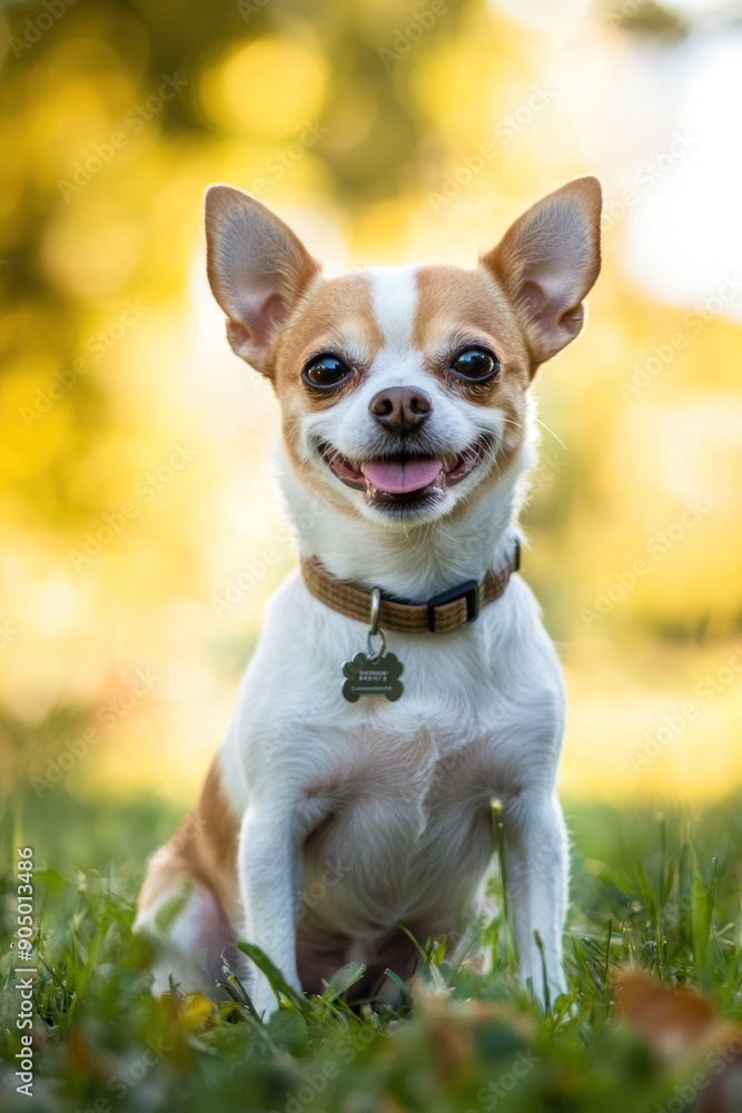 Adorable white and brown Chihuahua sitting on the grass, smiling and enjoying the outdoors on a sunny day. Generative ai Adorable white and brown Chihuahua sitting on the grass, smiling and enjoying the outdoors on a sunny day. Generative ai