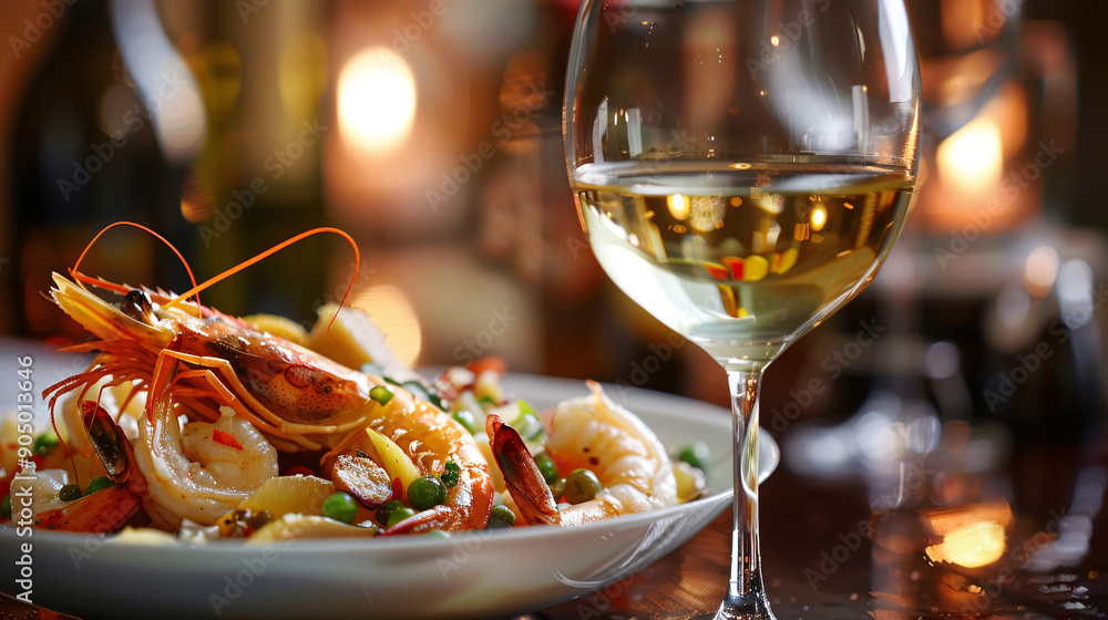 Glass of white wine with a seafood dish Glass of white wine with a seafood dish