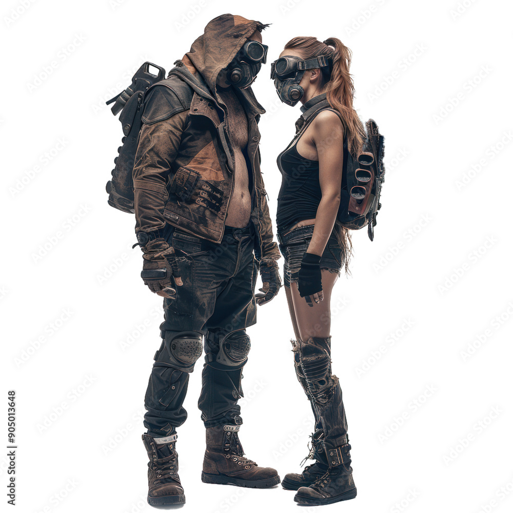 Man and a woman dressed in post apocalyptic clothing are wearing gas masks and standing next to each other Man and a woman dressed in post apocalyptic clothing are wearing gas masks and standing next to each other