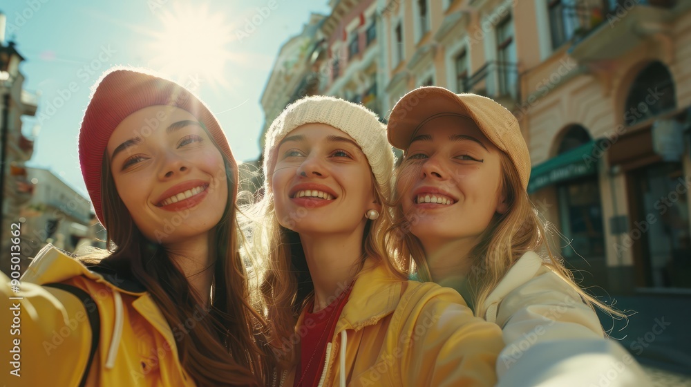 Three joyful female friends on holiday capturing self portraits in urban surroundings grinning at the lens Lovely young ladies relishing in technology, Generative AI Three joyful female friends on holiday capturing self portraits in urban surroundings grinning at the lens Lovely young ladies relishing in technology, Generative AI