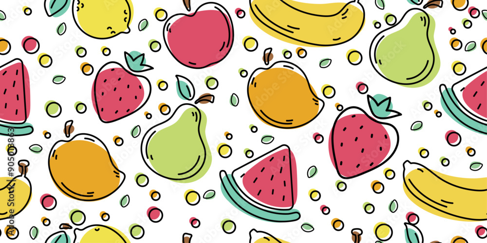 Pattern of bright and flat fruits. Seamless kitchen or picnic pattern, for notebooks and sketchbooks, for textiles. Pattern of bright and flat fruits. Seamless kitchen or picnic pattern, for notebooks and sketchbooks, for textiles.