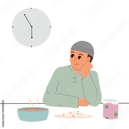 a man waiting for break fasting while looking at clock illustration