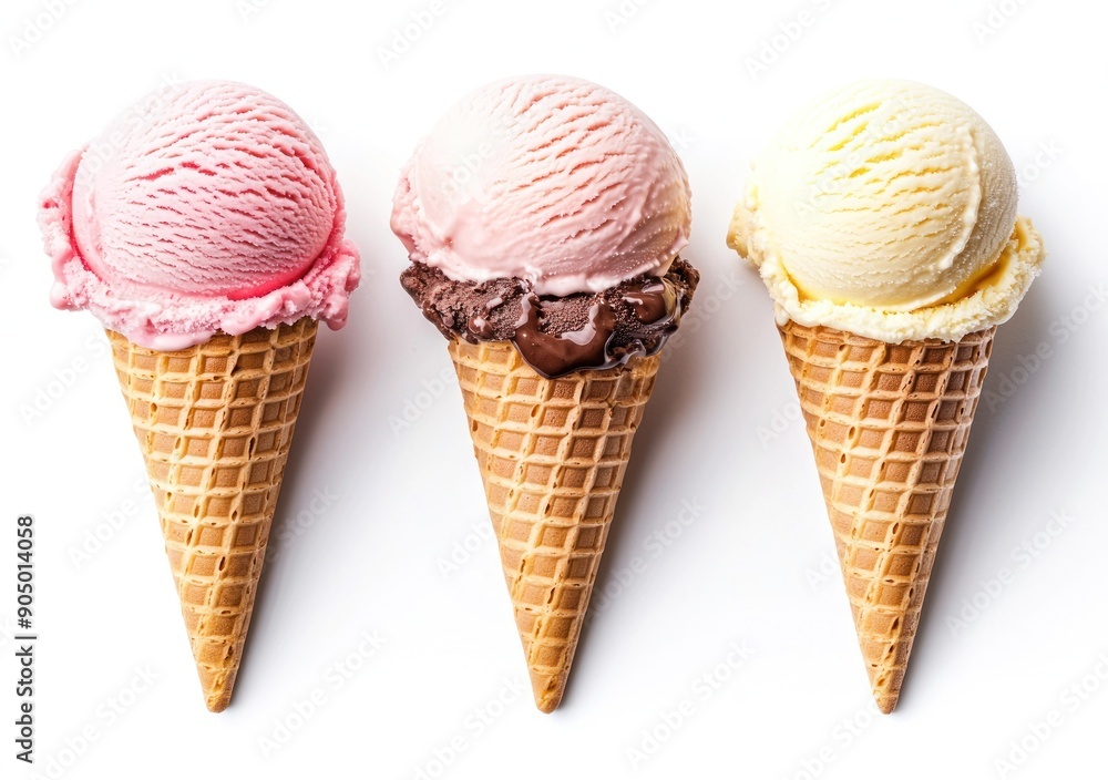 Three delicious ice cream cones in vanilla, chocolate, and mint flavors isolated on a white background. Generative ai Three delicious ice cream cones in vanilla, chocolate, and mint flavors isolated on a white background. Generative ai