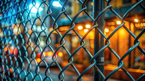 Nighttime Cityscape Through Metal Mesh