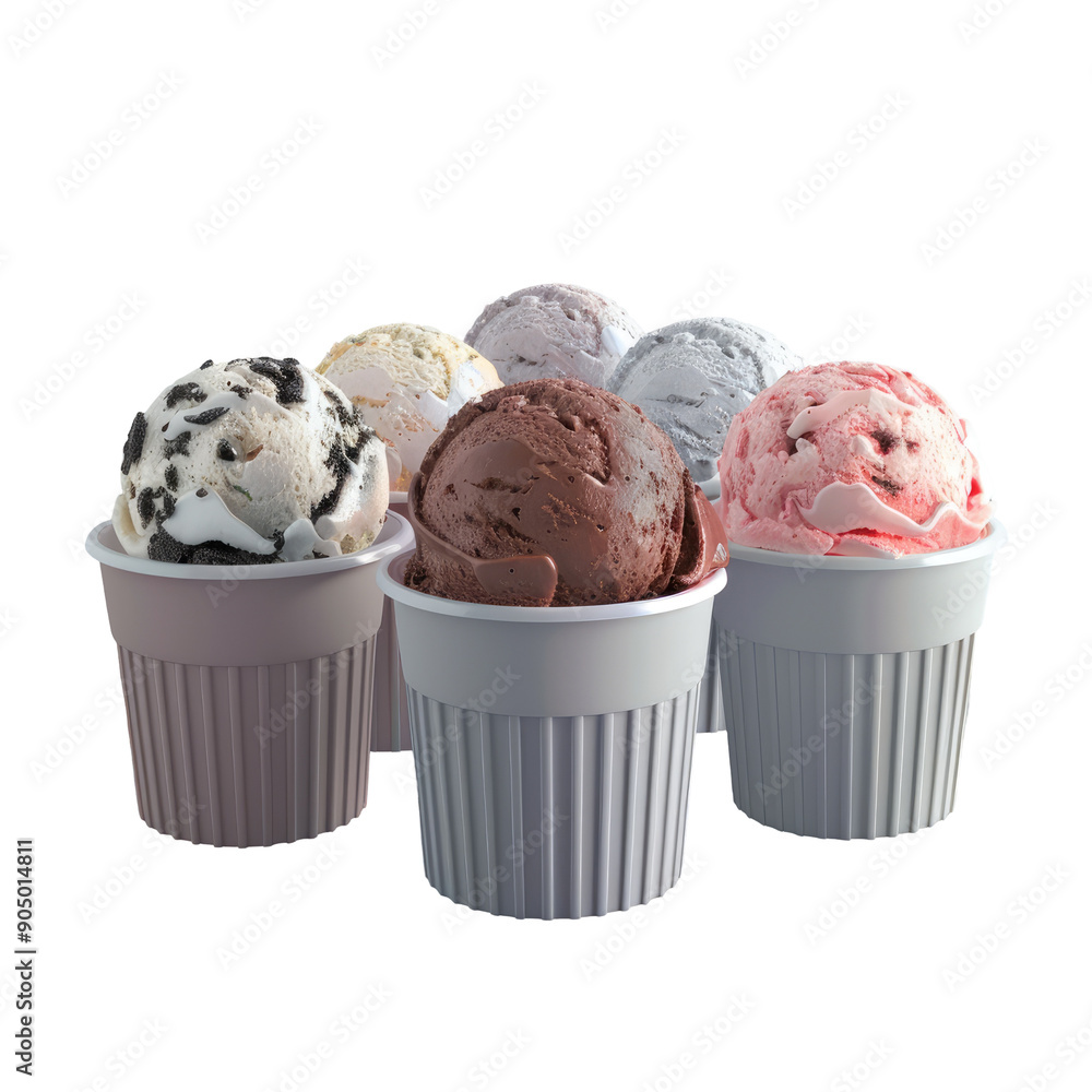 Variety of ice cream scoops in gray containers with chocolate, cookies and cream, and strawberry flavors on a transparent background (including clipping path) Variety of ice cream scoops in gray containers with chocolate, cookies and cream, and strawberry flavors on a transparent background (including clipping path)