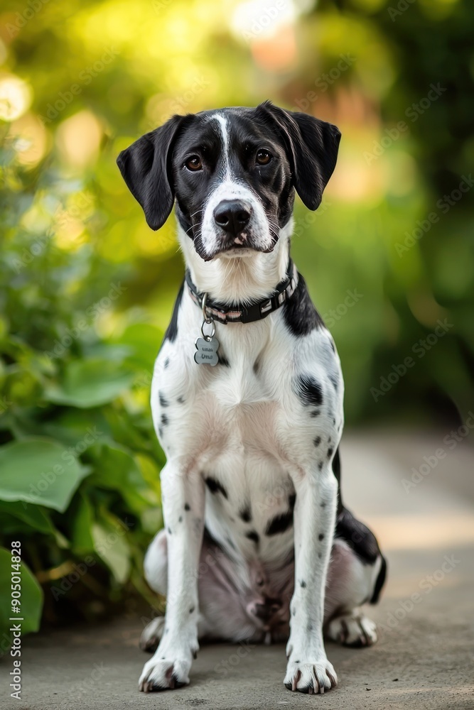 Portrait of a black and white dog sitting on a path with a beautiful bokeh background in the park. Generative ai Portrait of a black and white dog sitting on a path with a beautiful bokeh background in the park. Generative ai