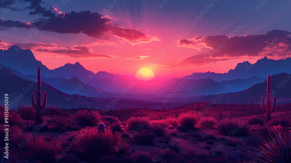 Fototapeta premium Breathtaking Sunset Over Mountains With Cacti in the Arizona Desert at Dusk