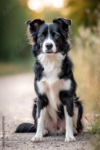 Portrait of a black and white dog sitting on the ground with attentive eyes and evening light in the background. Generative ai