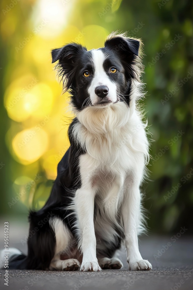 Portrait of a black and white dog sitting on the ground with attentive eyes and evening light in the background. Generative ai Portrait of a black and white dog sitting on the ground with attentive eyes and evening light in the background. Generative ai
