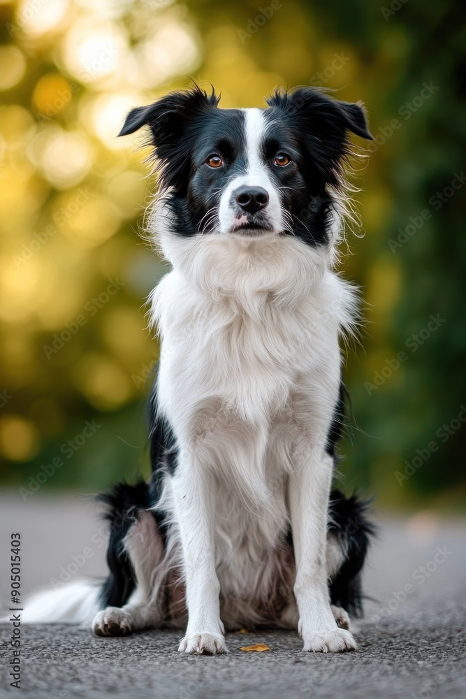 Portrait of a black and white dog sitting on the ground with attentive eyes and evening light in the background. Generative ai Portrait of a black and white dog sitting on the ground with attentive eyes and evening light in the background. Generative ai