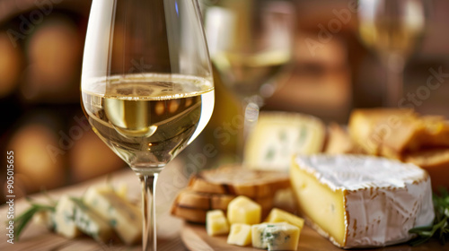 Glass of white wine with a selection of cheeses