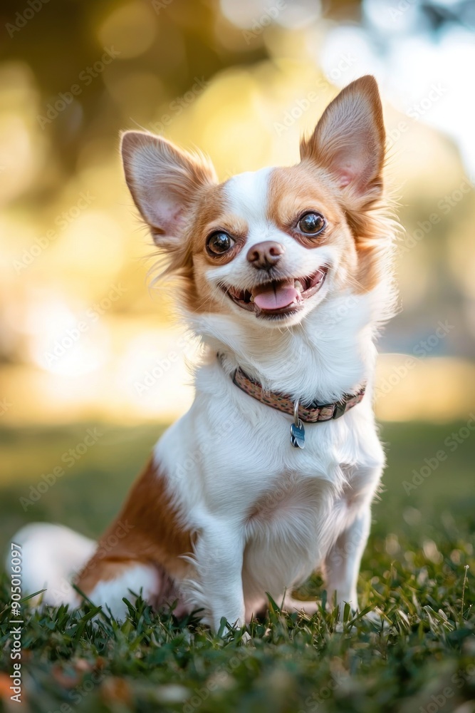Adorable white and brown Chihuahua sitting on the grass, smiling and enjoying the outdoors on a sunny day. Generative ai Adorable white and brown Chihuahua sitting on the grass, smiling and enjoying the outdoors on a sunny day. Generative ai