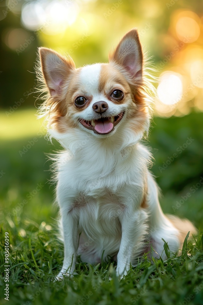 Adorable white and brown Chihuahua sitting on the grass, smiling and enjoying the outdoors on a sunny day. Generative ai