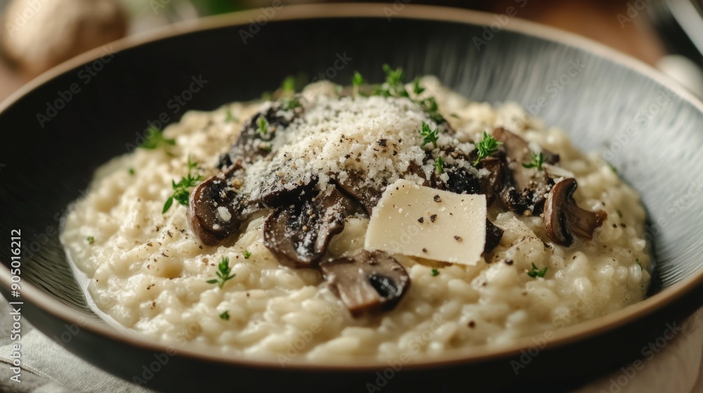 A luxurious plate of truffle mushroom risotto, garnished with parmesan and herbs. A luxurious plate of truffle mushroom risotto, garnished with parmesan and herbs.