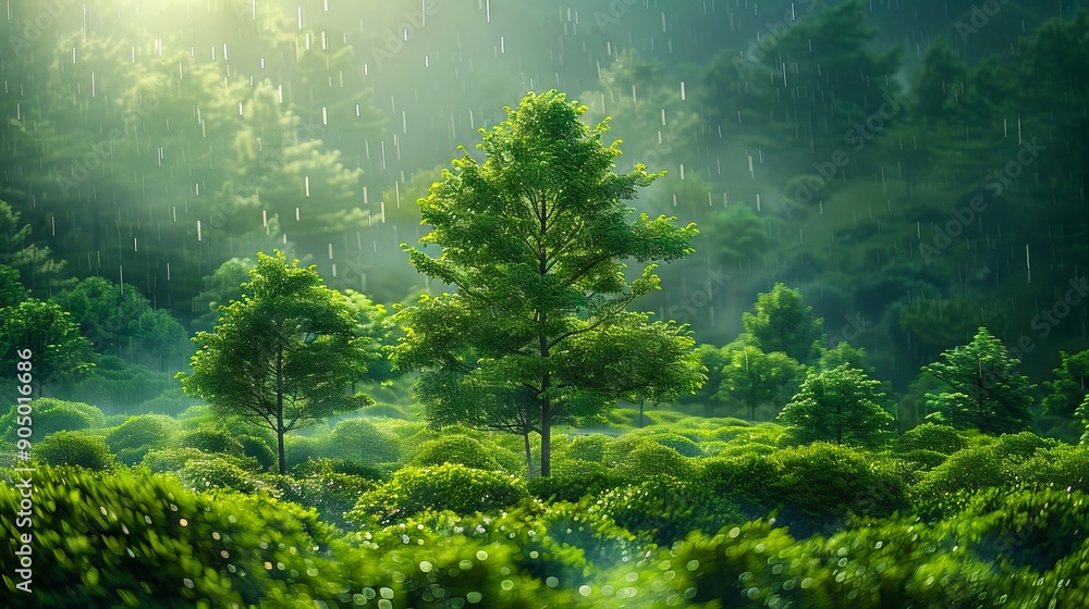 A green tree in the middle of a lush green forest A green tree in the middle of a lush green forest