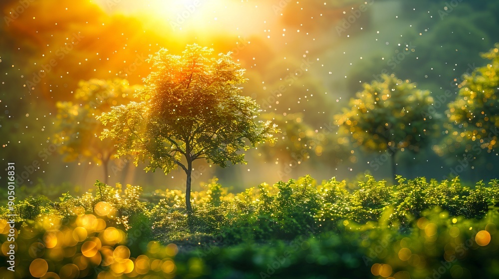 Obraz premium A lone tree in the middle of a field of green plants