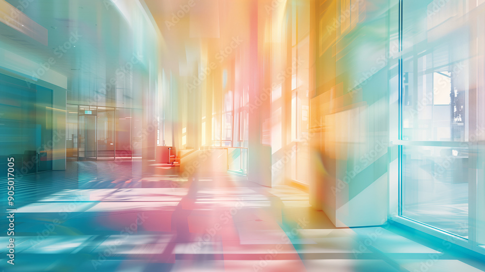 Modern open office space with colorful illumination and vibrant abstract elements Modern open office space with colorful illumination and vibrant abstract elements