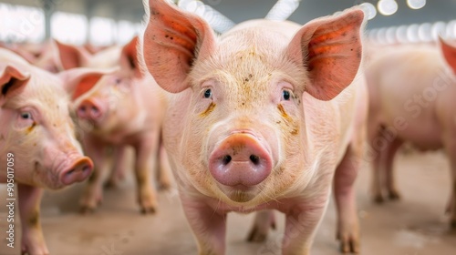 Close-up of curious pig in farm setting, showcasing its features and personality among other pigs in a modern barn.